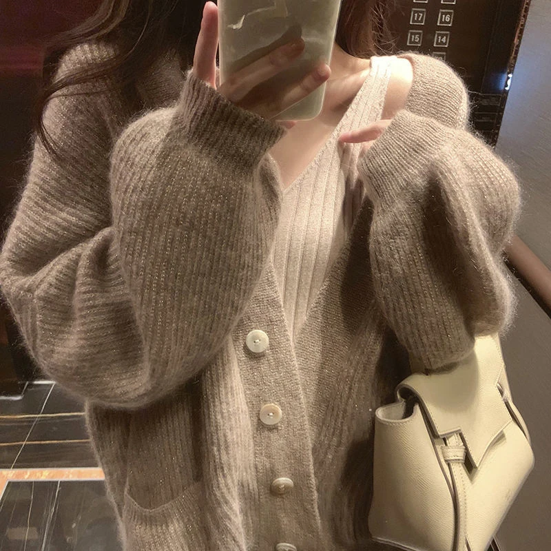 

2022 Solid Autumn Winter V Neck Single Breasted Cardigan Women Korean Loose Lazy Wind Woman Sweater Fashion Pockets Sweater Coat