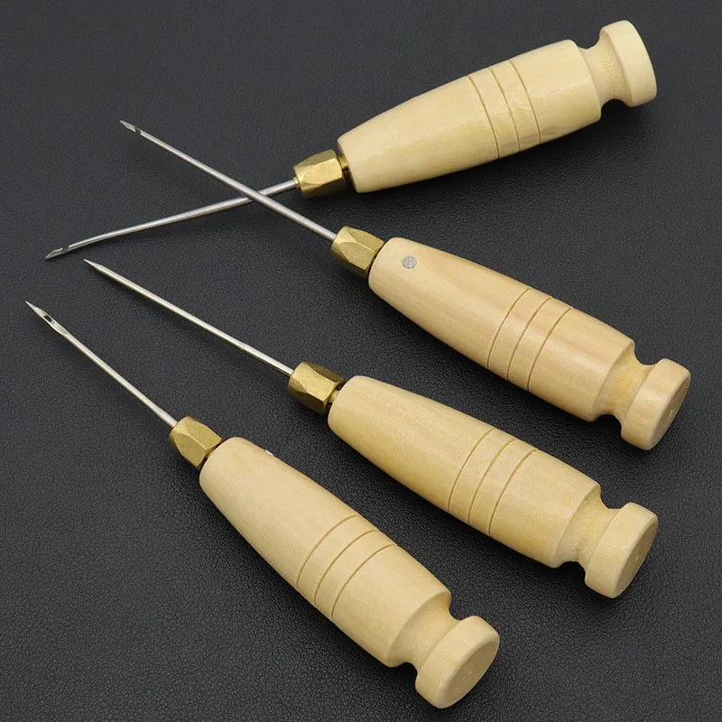 1Set DIY Leather Sewing Leather Sewing Awl Needle With  Wood Handle Set Leather Canvas Shoe Repairing Tool Kit