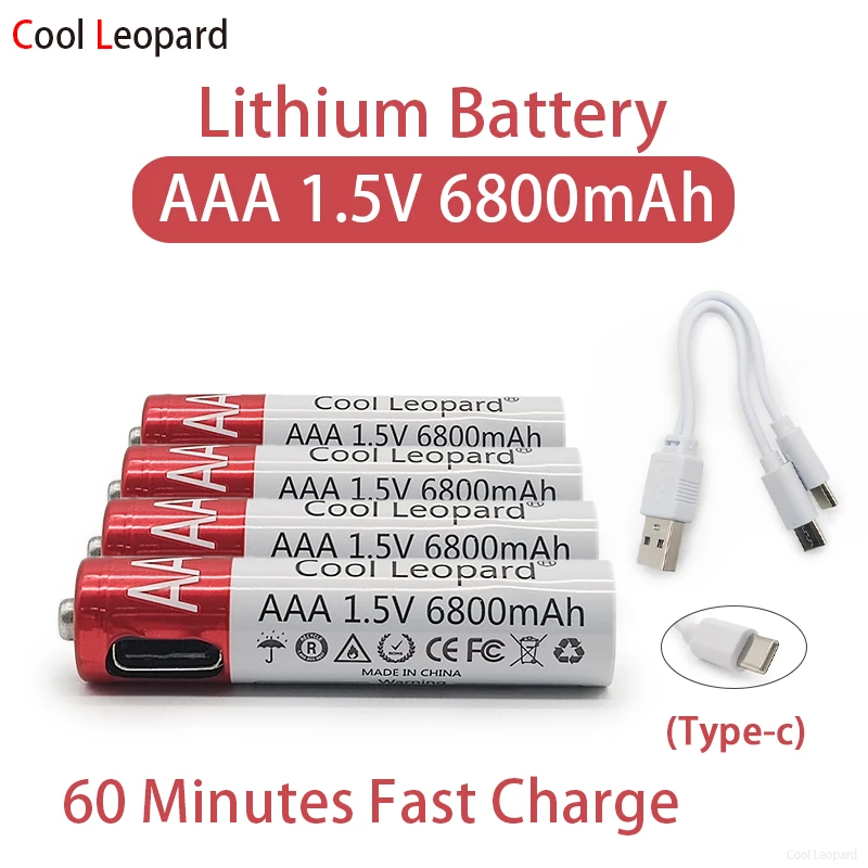 

1.5V AAA 6800mAh USB Rechargeable Lithium Battery,For Remote Control Mouse Electric Toy Replacement Battery+Type-C Cable