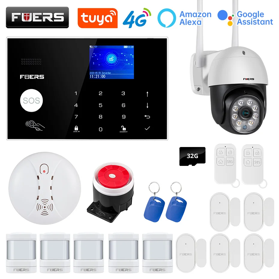 FUERS Tuya Smart Home Security Alarm System Kits WIFI 4G GSM Wireless Alarm 2MP IP Camera Control Siren PIR Motion Detector