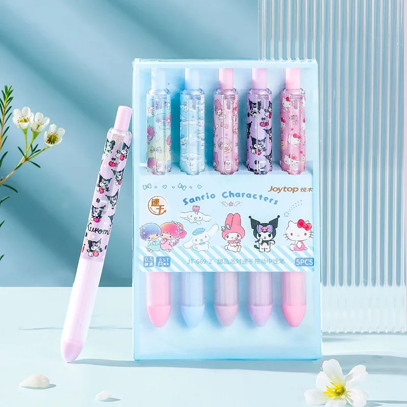 

5 Pcs Kawaii Sanrio Hello Kitty Gel Pen Kuromi My Melody Cunnamoroll Student Anime 0.5mm Signature Pen Learning Office Supplies