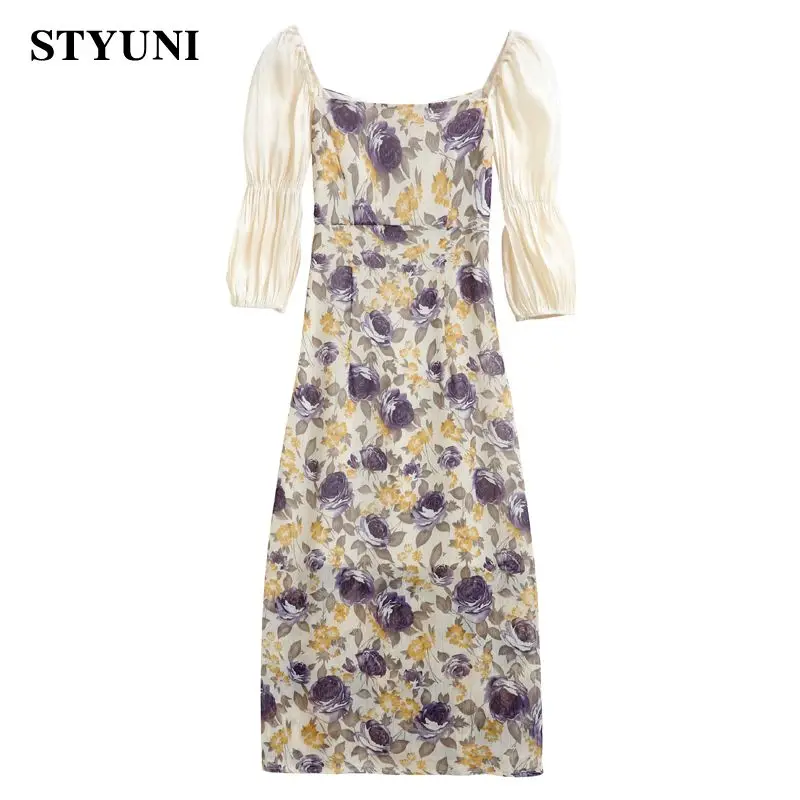 

Женское винтажное шифоновое платье, элегантное праздничное платье до середины икры во французском стиле с принтом роз, коротким рукавом и к...