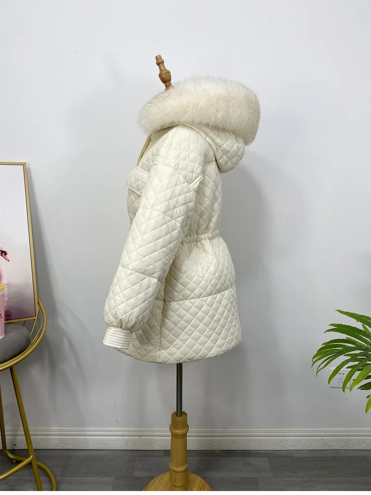 Women Duck Down Coat for Winter 2023 Lady Outfit Puffer Jacket with Big Real Fox Fur Hood Grey Black Green Cream White Plus Size