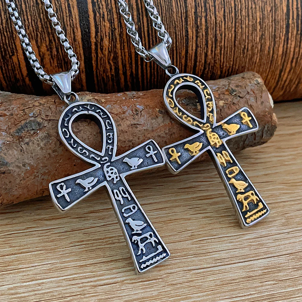 

Fashion Ancient Egyptian Ankh Cross Necklace Men Women Stainless Steel Gold/Silver Color Biker Pendant Chain Amulet Jewelry