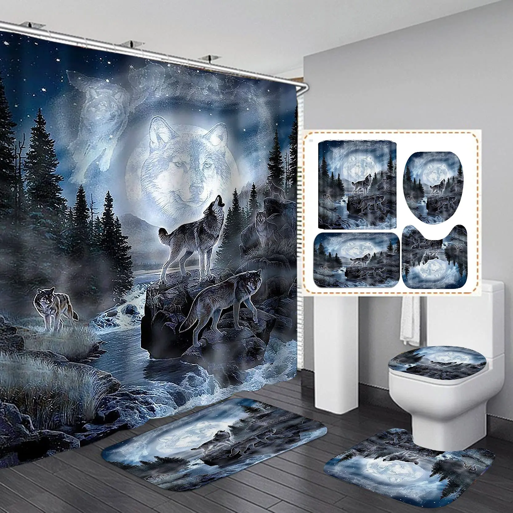 

Wolf Moon Forest Shower Curtain Sets with Rugs Toilet Cover Bath Mat Waterproof Wild Animal Bathroom Shower Curtains Set Decor