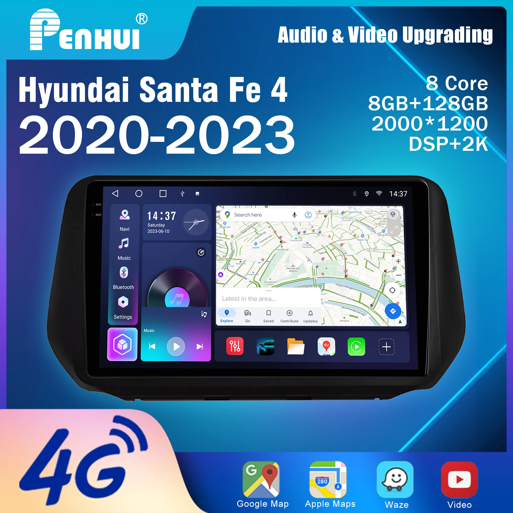 Фото Автомагнитола Penhui Android 2 Din для Hyundai Santa Fe 4 2020-2023 с мультимедийным экраном, DSP, Bluetooth, аудио и CarPlay №1