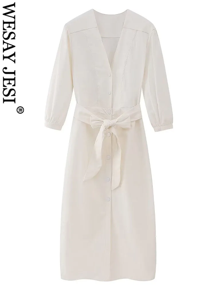

WESAY JESI TRAF Women New White Shirts Dress Fashion Sashes Bow Tie V-Neck Long Sleeve Female Elegant Mid-Calf Dresses Clothing