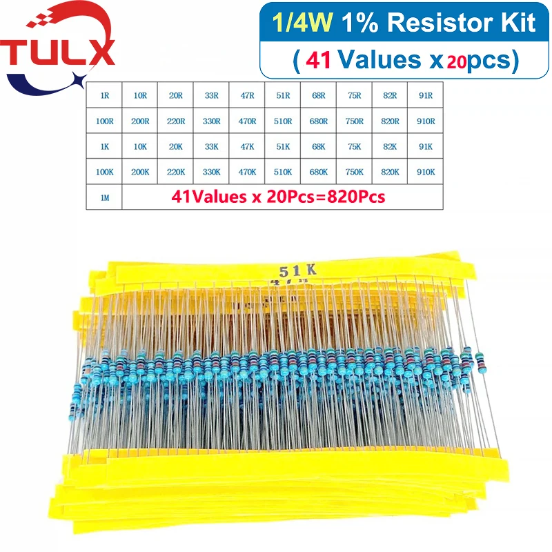 

820Pcs/Pack 41 Values 1/4W Metal Film Resistors Kit 1 10 220 330 470 1K 47K 10K Ohm 1% High Precision Resistance Set Assortment