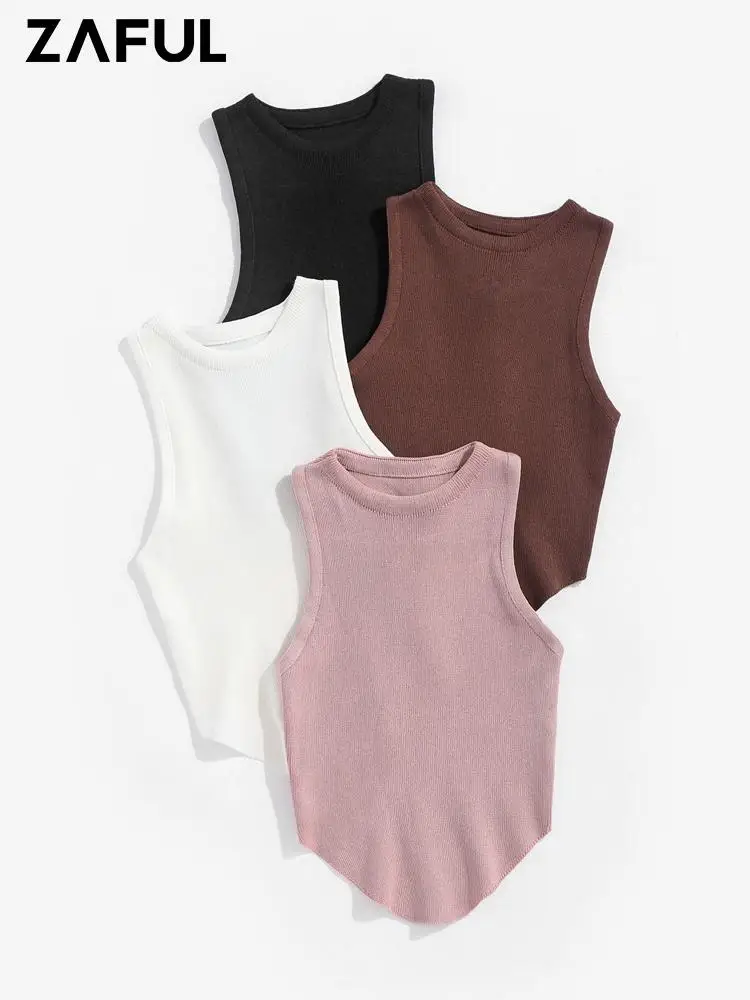 

ZAFUL Solid Color Tops For Women Cotton 4Pcs Basic Curved Hem Knitted Tank Top Fashion Streetwear High Stretch Top Y2K School