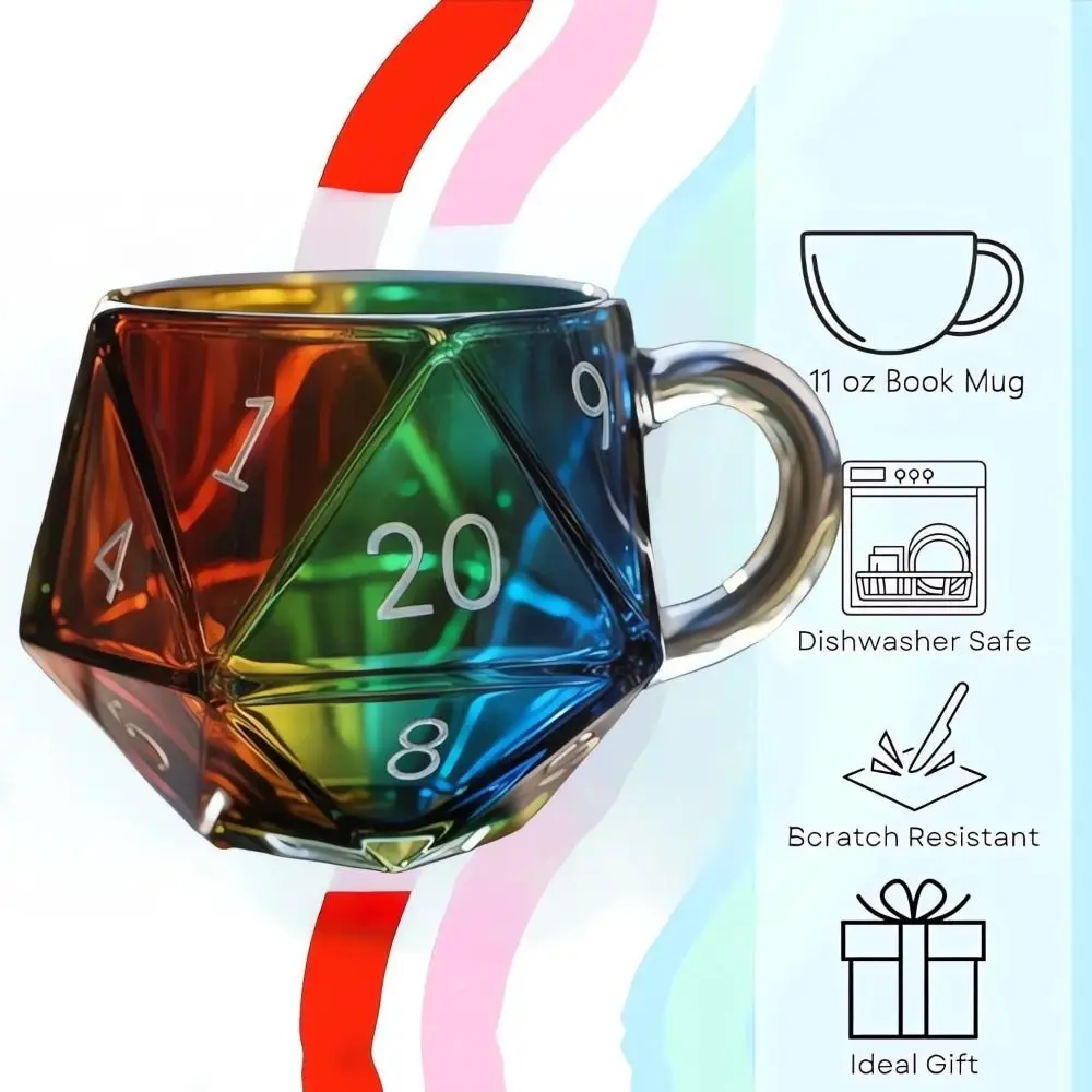 Прозрачная стеклянная кружка Rainbow D20 с ручкой, многогранные кости в стиле фэнтези, кофейная чашка, игровая кружка для любителей ролевых игр (art.: 3920d486cb7dc) - 3920d486cb7dc