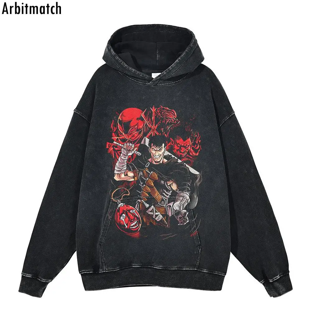 

Hip Hop Streetwear Washed Black T Shirt Japanese Anime Portrait Print Harajuku Oversize 2022 Men Hooded Long Sleeve Cotton Tops