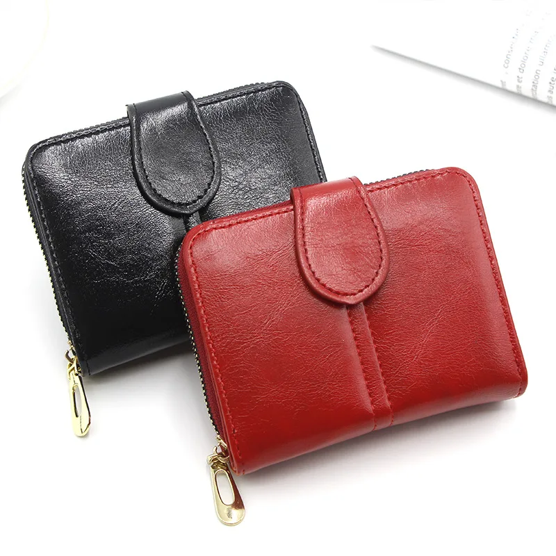 New Women's Short Bag Fashion Women's Zipper Wallet Vintage Oil Wax Leather Zero Card Bag