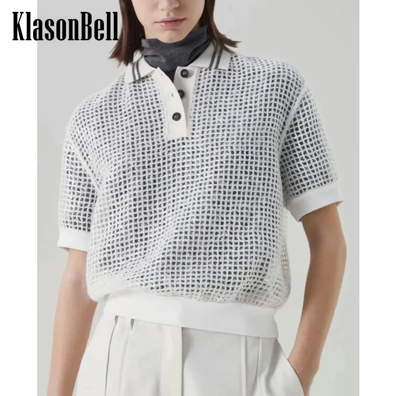 

6.20 KlasonBell Summer Hollow Out Sequins Contrast Color Striped Turn Down Collar Short Sleeve Knitted T-Shirt Women