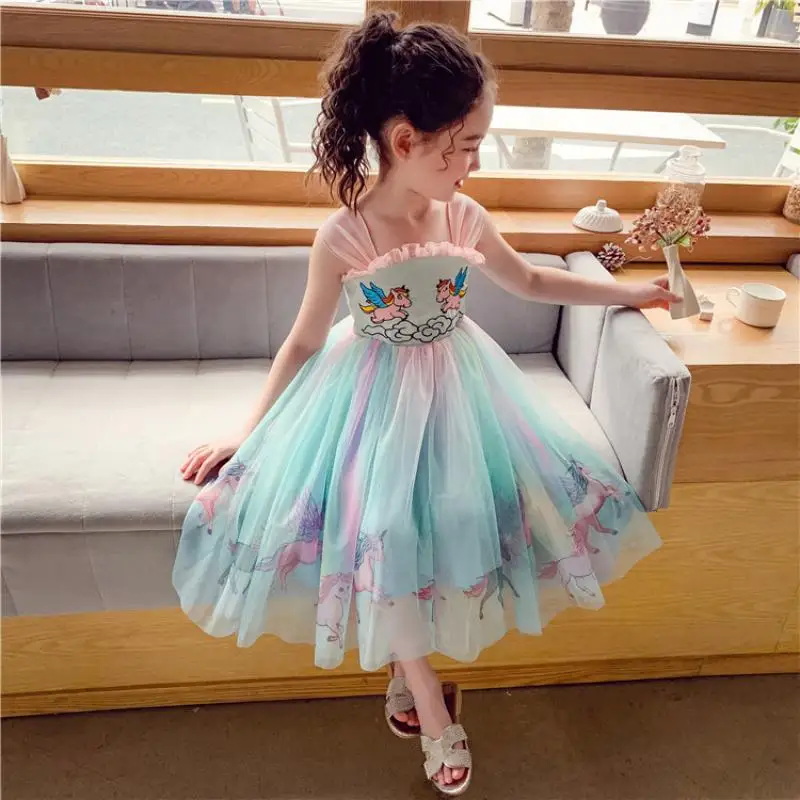 

2023 Stylish Summer Dress for Baby Girls Kids Unicorn Printed Chiffon Sundress Children Princess Boutique Design Outdoor Clothes