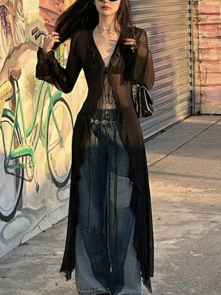 Женский прозрачный длинный кардиган винтажный черный облегающий с V-образным