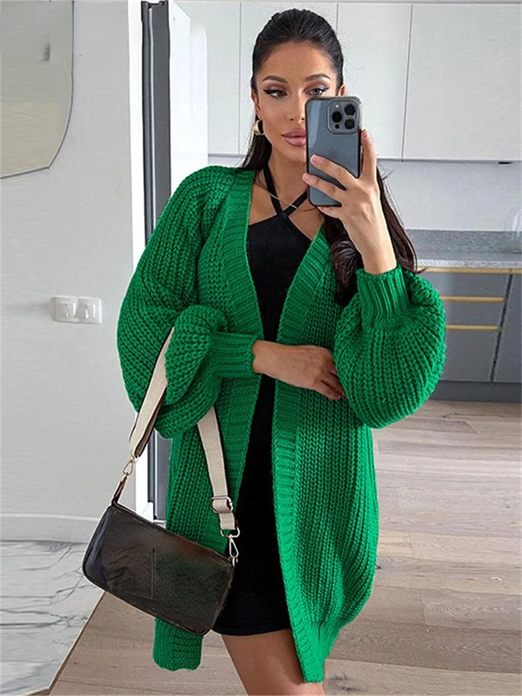 

Женский вязаный кардиган оверсайз, повседневный винтажный свободный свитер с длинными рукавами-фонариками и V-образным вырезом, уличная од...