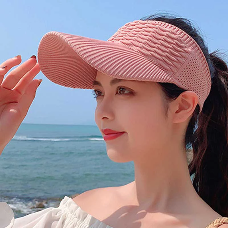 

Women Folds Design Empty Top Hat Summer Solid Color Large Brim Sunscreen Hat Outdoor Elastic Fabric beach Sports Sun Cap