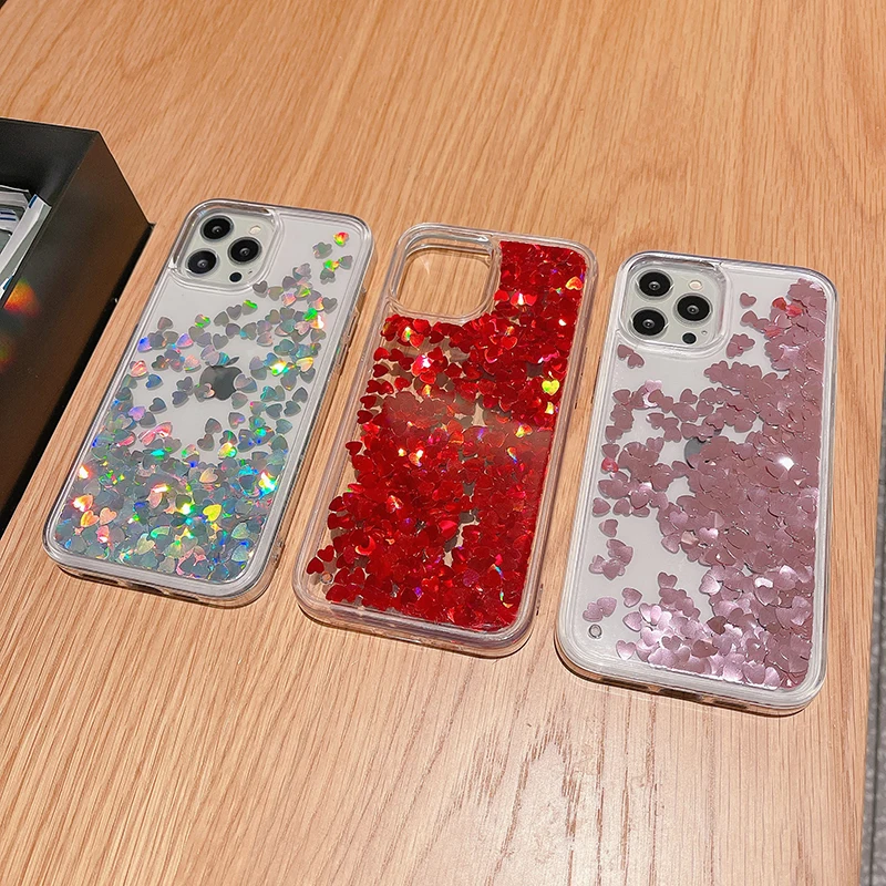 

Love Heart Glitter Phone Case For iphone 13 12 11 Pro Max X XR XS MAX 6S 6 7 8 5 5S SE 2020 Liquid Quicksand Bling Sequins Cover