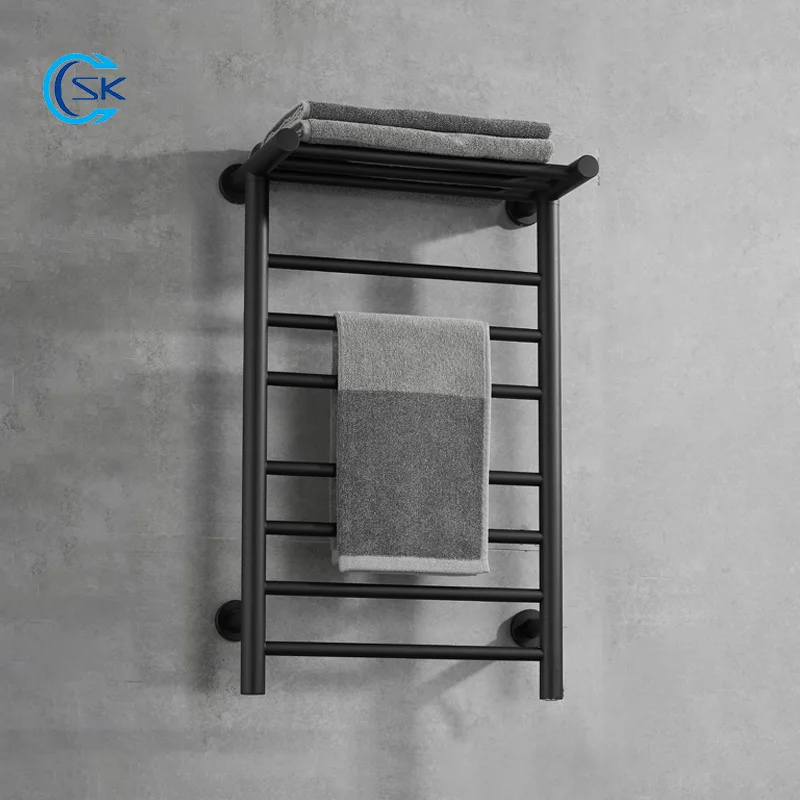 

Black Bathroom Towel Warmer Smart Thermostatic Electric Towel Rack With Top Shelf Hidden Exposed Wire Electric Heated Towel Rail