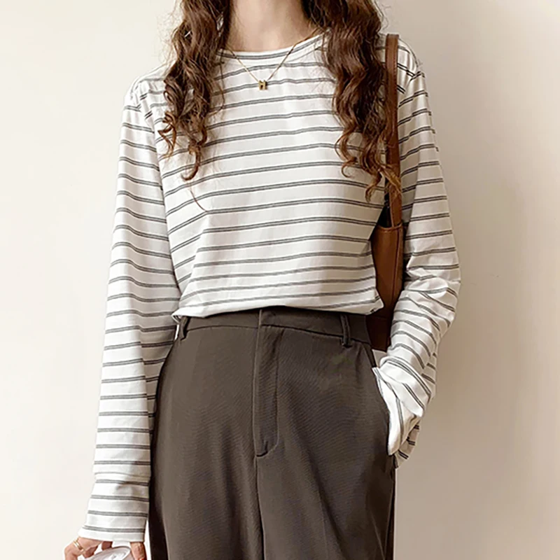 

Spring Autumn Women's Tshirts Cotton Long Sleeve Tops Loose Striped T-shirt Women O Neck Casual Basic Tee Shirt Femme Top Female