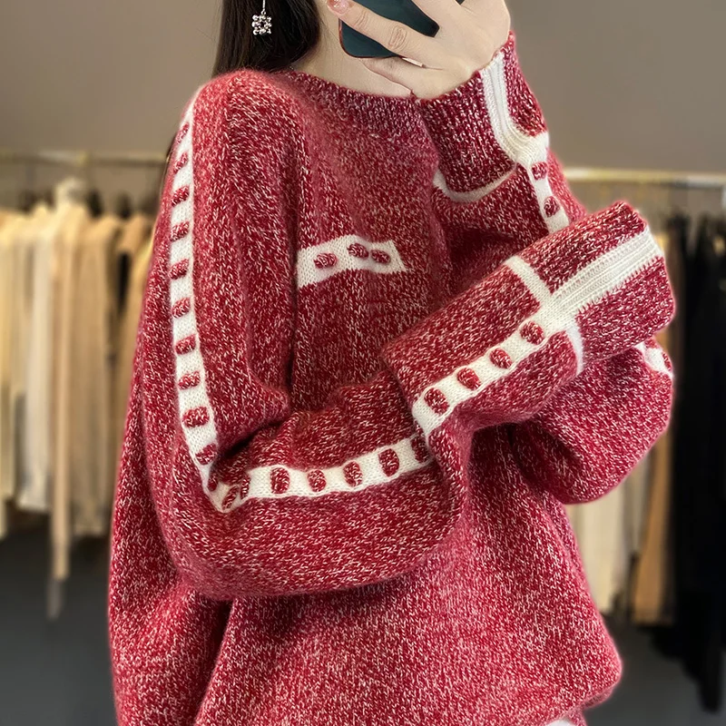 Новинка 2023 Женский вязаный пуловер из 100% чистой шерсти с длинным рукавом и