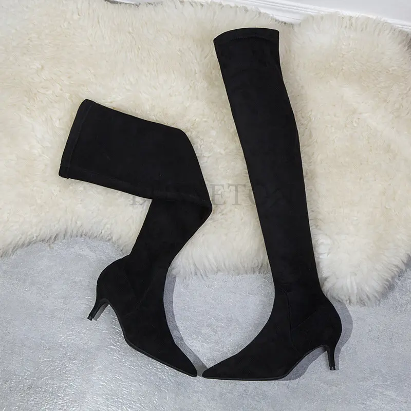 Women Winter Long Boots Slim High Heel Suede Stretched Over Knee Long Boots Sexy Pointed Down Thigh Long Boots Fashion New Style