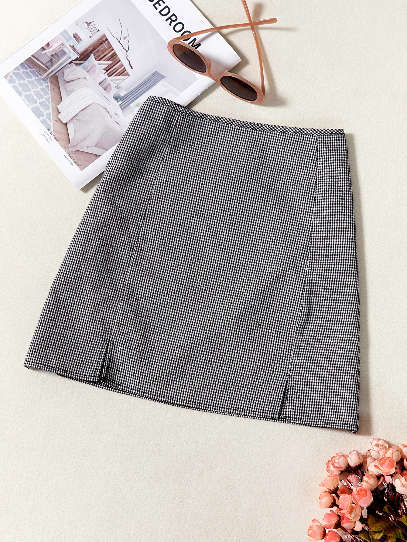 Grey Casual Plaid Split Hem Gingham Mini Skirts For Women 2022 Slit A Line High Waist Non-Stretch