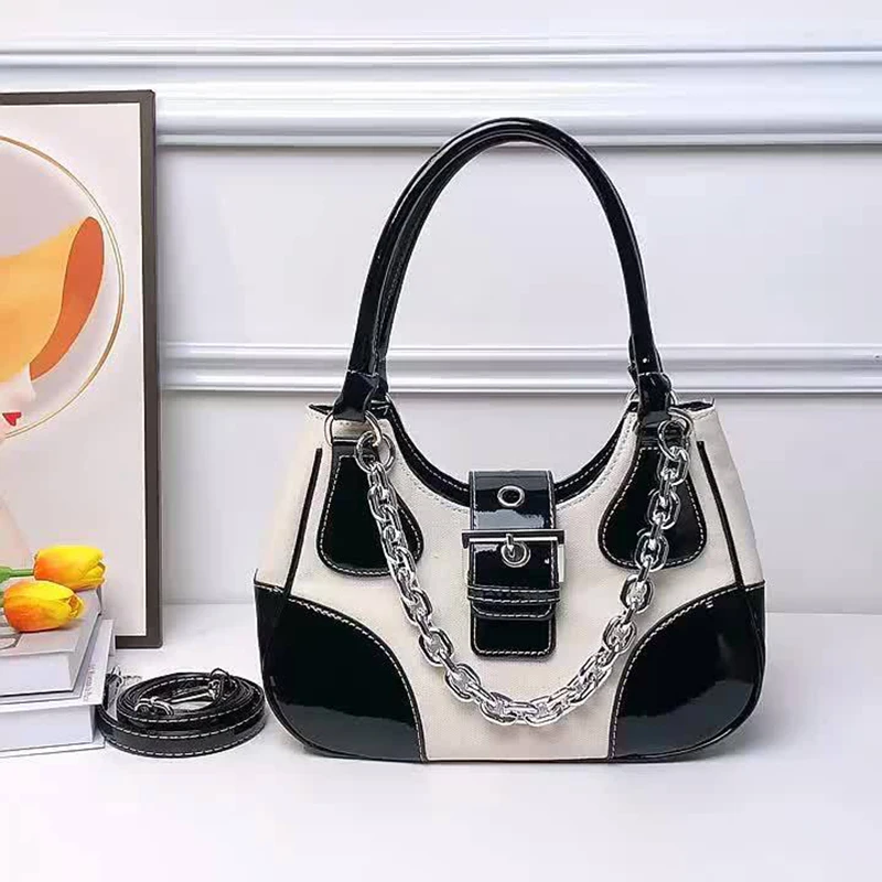 

Luxury Designer Women's Handbag Canvas Crossbody Bags For Women Chain Underarm Shoulder Bag Contrast Leather Female Clutches