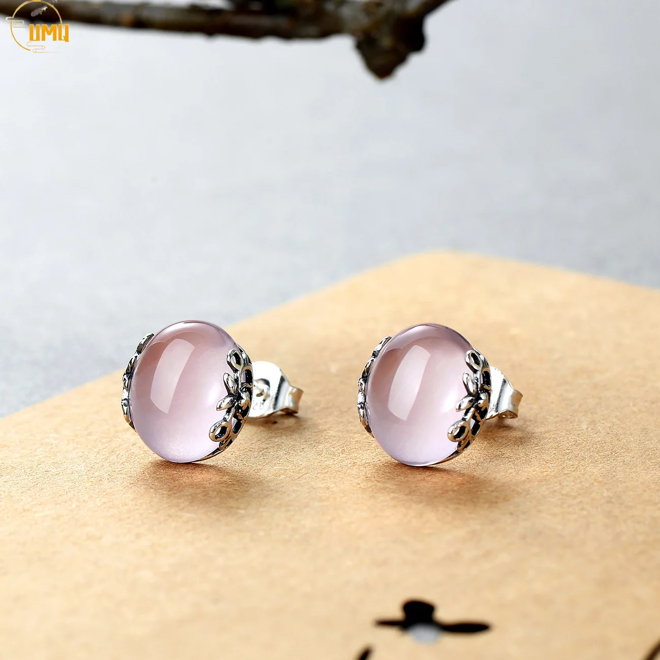 

High Quality 925 Sterling Silver Girls Bohemian Retro Pink Crystal Natural Stone Ross Quartz Earrings Female Jewelry Fashion