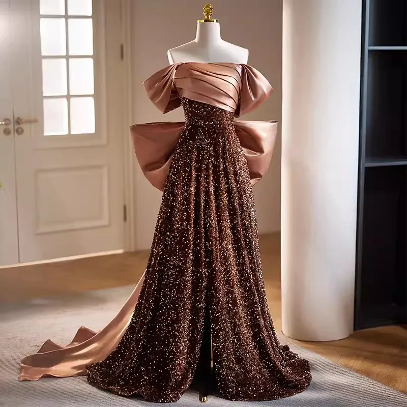 Платье вечернее ТРАПЕЦИЕВИДНОЕ со шлейфом и V-образным вырезом