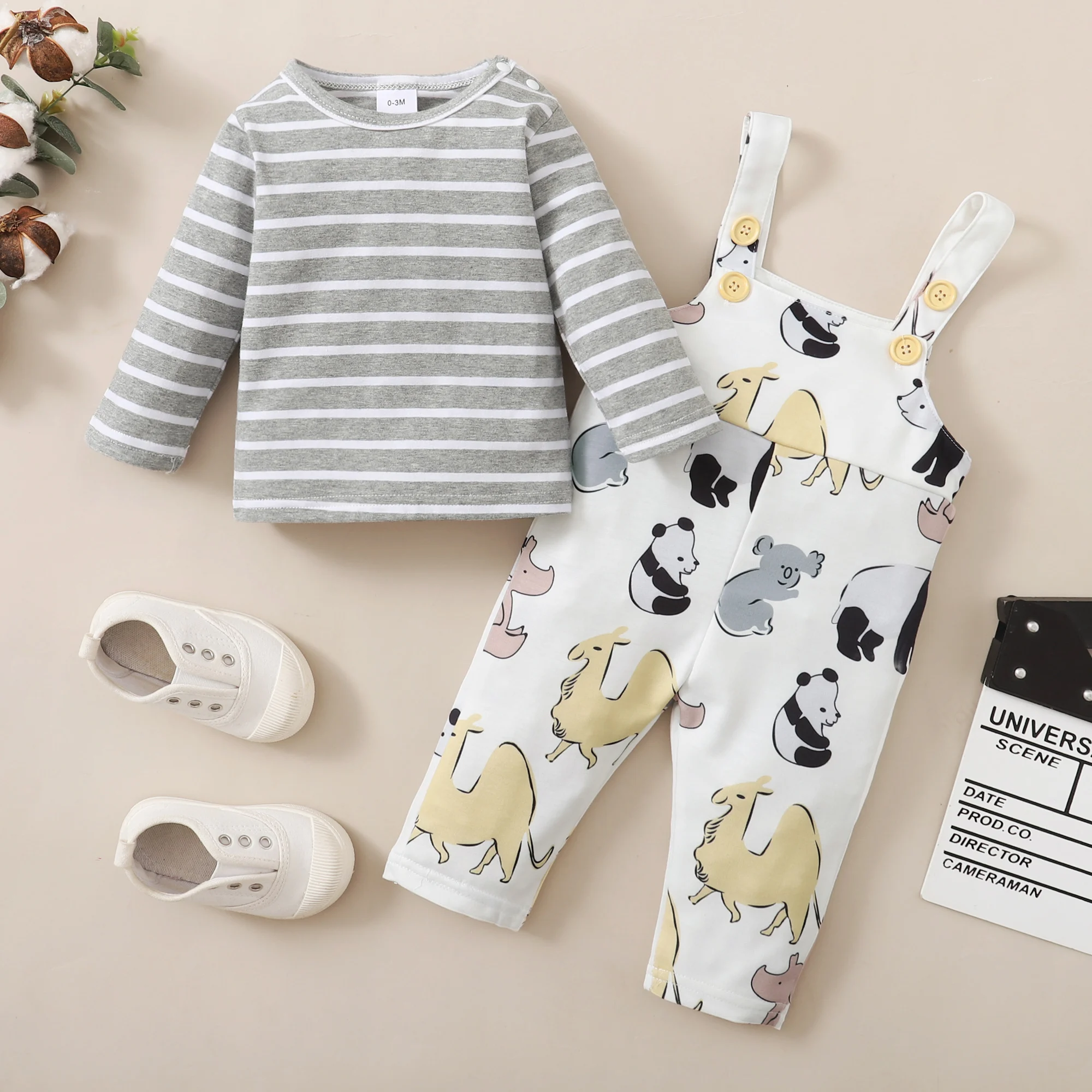 2 шт. детский хлопковый комбинезон с длинным рукавом и рисунком животных |