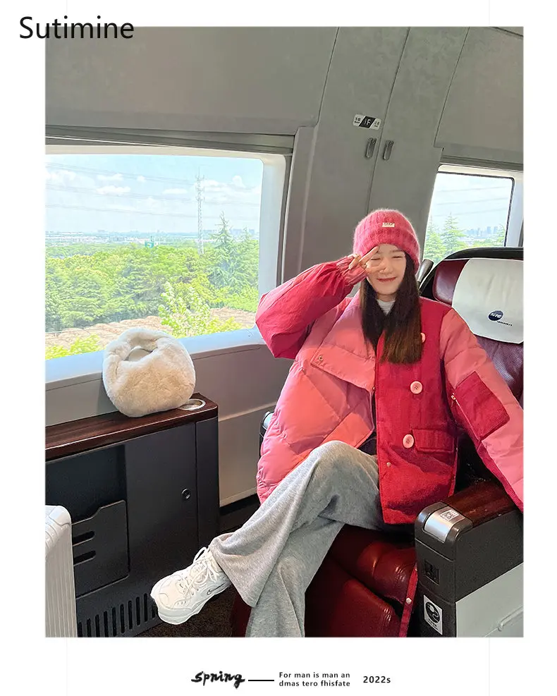 Pink Down Jacket Women's Color Contrast Stitching Fashionable New Style Coat Women Winter 2022 Office Lady Loose Down Coats