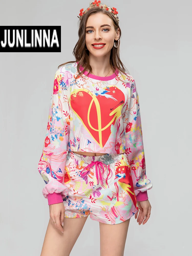 

JUNLINNA осенний Модный женский костюм с шортами футболка с длинным рукавом мини-брюки элегантный милый комплект из двух предметов с принтом