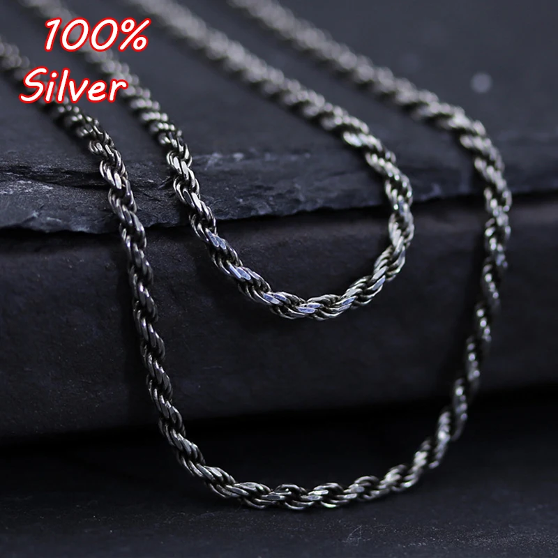 

Genuine 925 Sterling Silver Retro Twist Chain For Men and Woman 45/50/55/60/65/70/75mm Long Chain Necklace Vintage Accessories