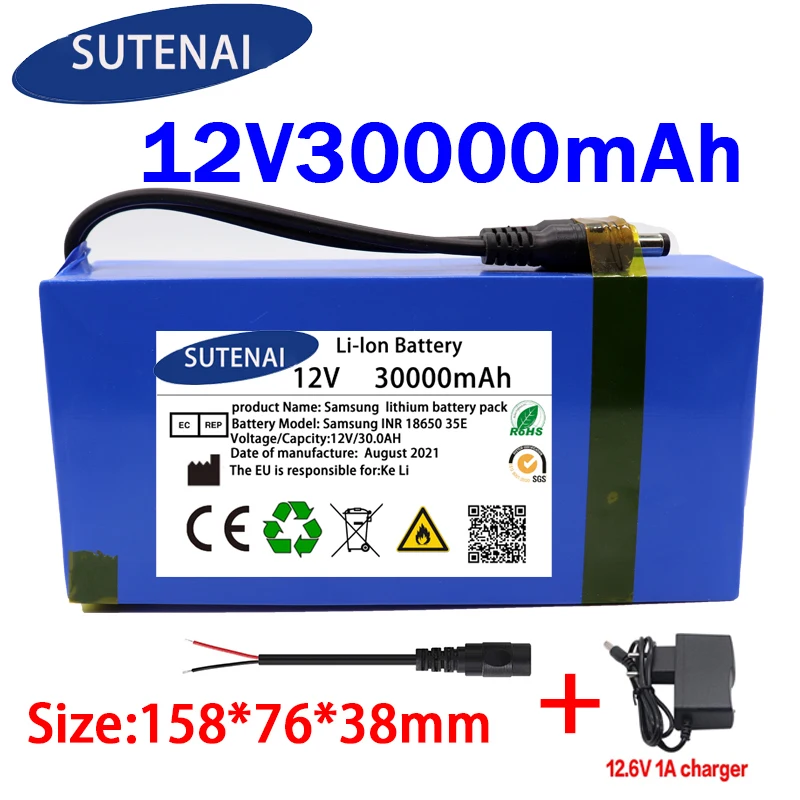 

100% New Portable 12v 30000mAh Lithium-ion Battery pack DC 12.6V 30Ah battery With EU Plug+12.6V1A charger+DC bus head wire