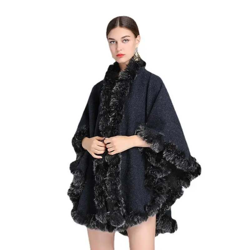

Autumn Winter New Style Two Sides Can Wear Imitation Wool Collar Fashionable High-end Leisure Poncho Lady Capes Navy Cloaks