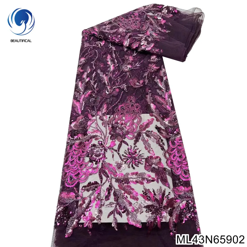 

African purple lace fabric 2022 high quality African green lace fabric nigerian beads lace fabric for dress 5 yards ML43N659