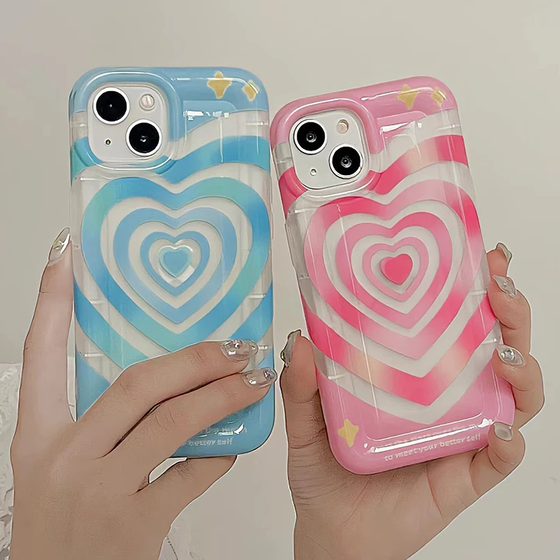 

Pink Blue Love Heart Wave Case For iPhone 13 Pro Max 14 12 11 Soft IMD Silicone Shockproof Cover