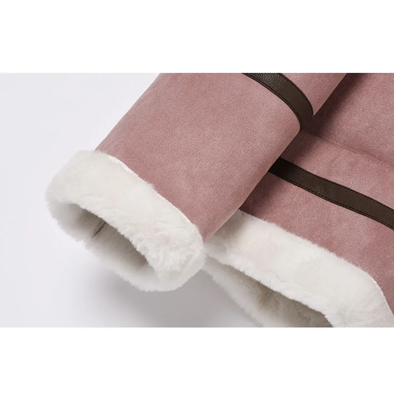 Lamb Fur One Piece Pink Coat Women's Autumn Winter New Color Contrast Warm Loose Long Sleeve Versatile Coat Female