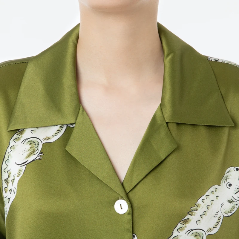 Милый пижамный комплект из 100% тутового шелка с зеленым крокодилом 22 мм шелковая