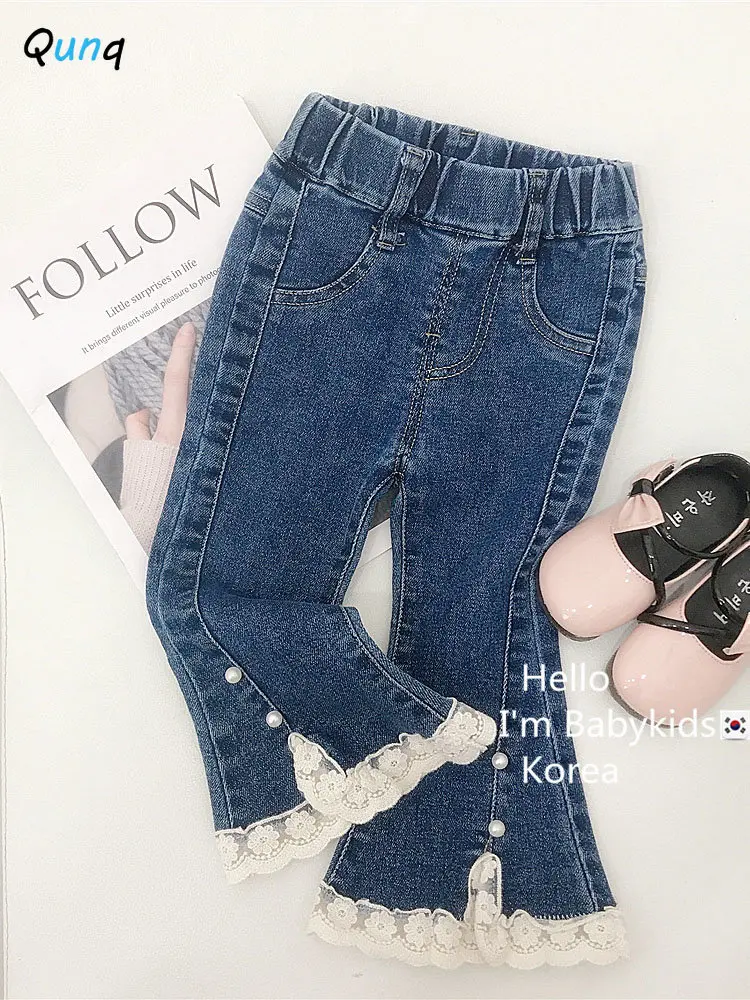 

Qunq 2022 Spring & Autumn Girls Slim Lace Stitching Denim Flared Trousers Pants Fashion Street Casual Kids Clouthes Age 3T-8T