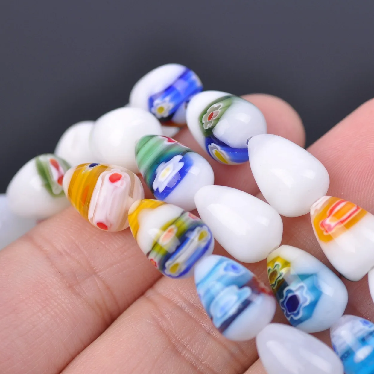 10pcs Random Mixed Flower Patterns 10x14mm Teardrop Shape Millefiori Glass Lampwork Loose Beads For Jewelry Making DIY Findings