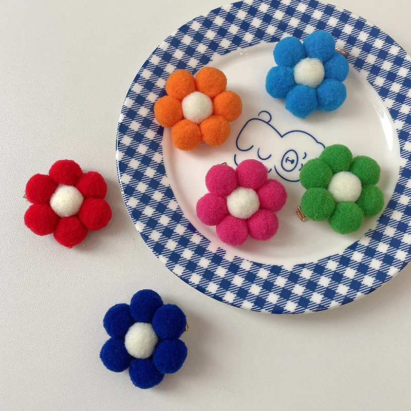 

Colorful Flower Pom Pom Ball Hair Clips Flower Shape Girls Hairpin Candy Side Barrettes Daily School Headwear Cute Accessories