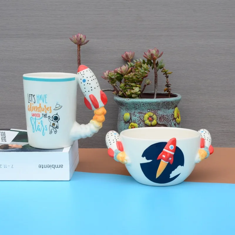 

Набор детской столовой посуды Rocket Space, милая керамическая креативная чашка с мультяшным рисунком, посуда, чашка
