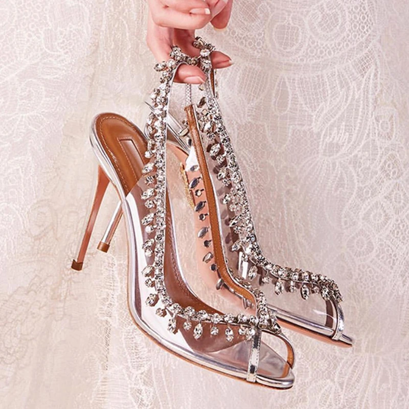

Clear PVC Blade Shoes Woman Pumps Crystal Embellished Silver Metallic Leather slingback High Heels Peep Toe Sandals wedding shoe