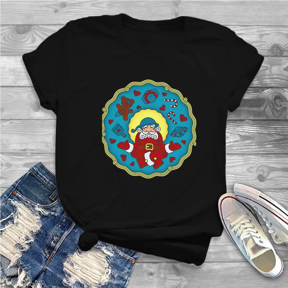 Футболка женская летняя из полиэстера с круглым вырезом и принтом Санта