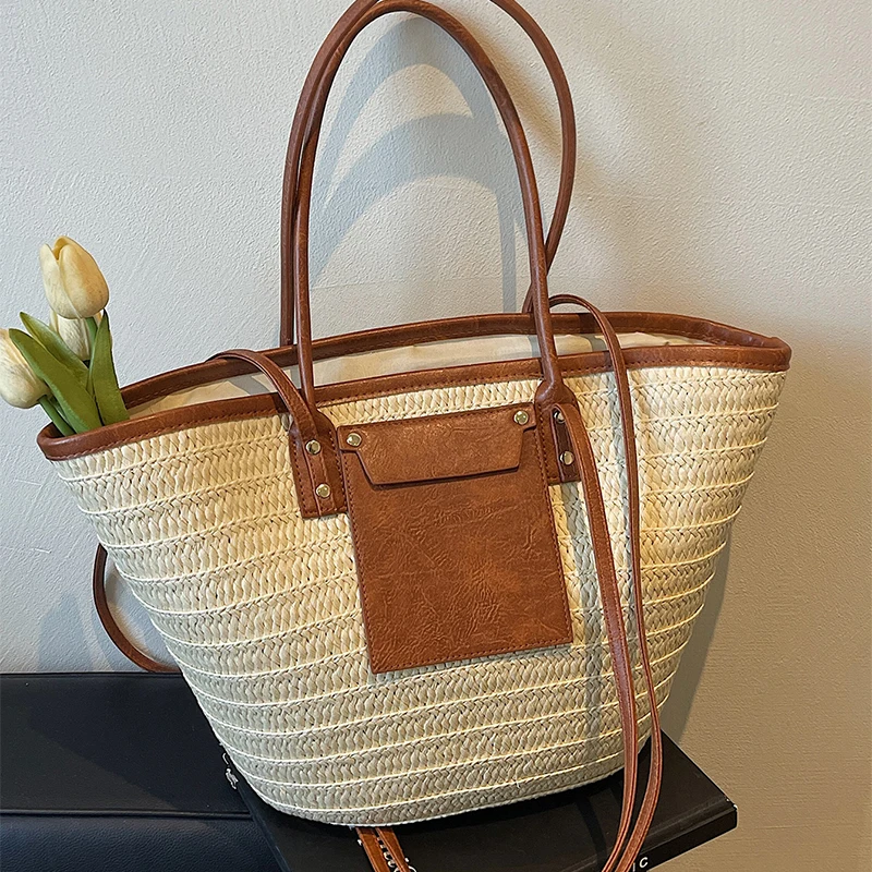 Большая вместительная тканая сумка-тоут для отдыха на море женская модная