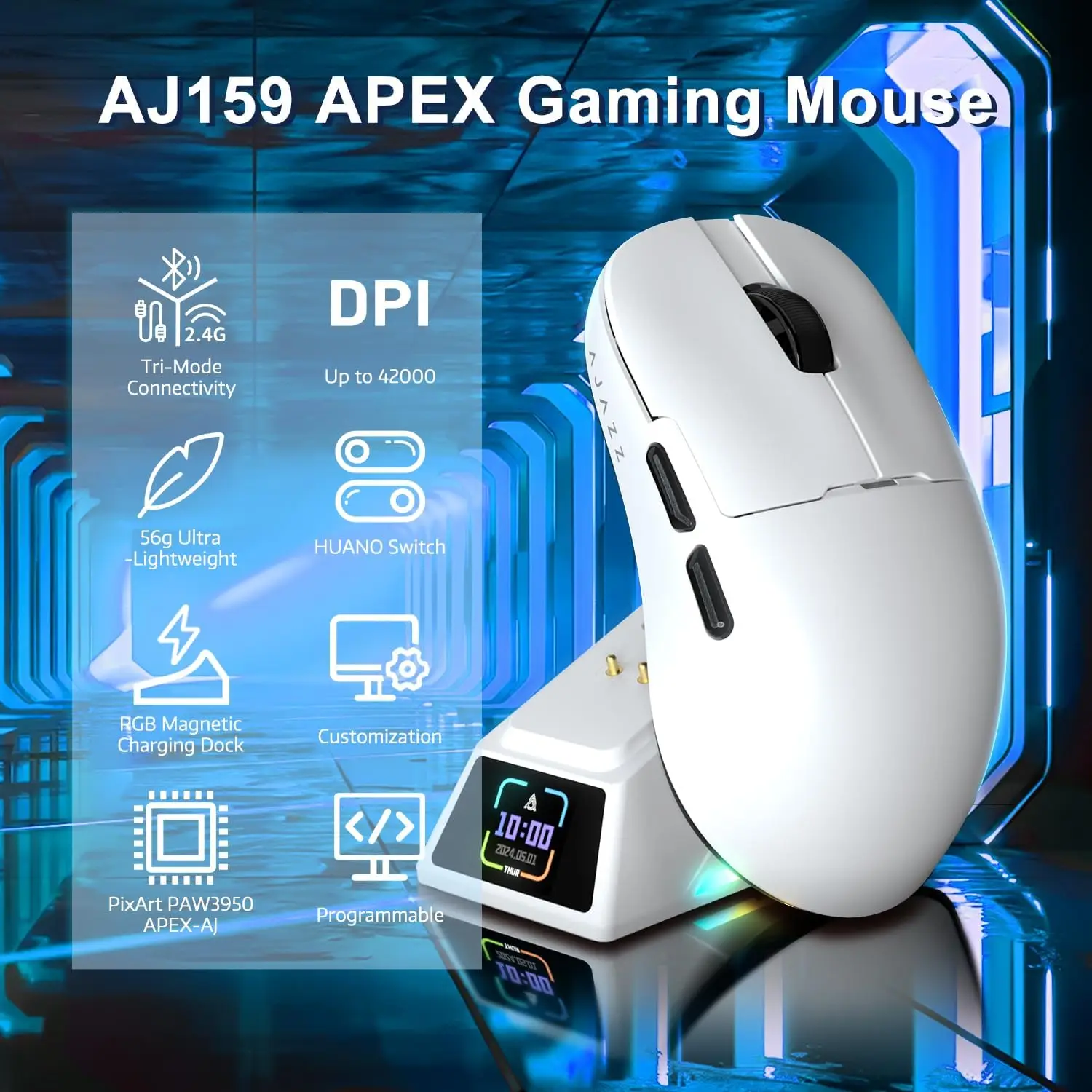 Фото Беспроводная игровая мышь Yindiao AJAZZ AJ159 APEX 8KHZ, легкая (56 г), с оптическим сенсором PAW3950APEX 42K DPI и магнитной зарядной базой №2
