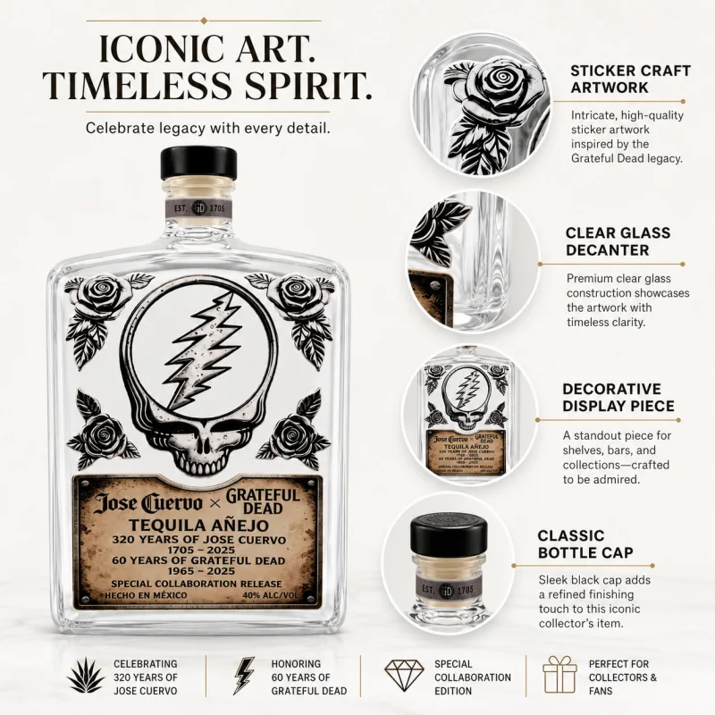 Винтажный графин для алкоголя Grateful Dead Skull Rose Glass: герметичная прозрачная бутылка для текилы и виски в стиле рок-группы, для бара (art.: 3920dbeb3fca7) - 3920dbeb3fca7