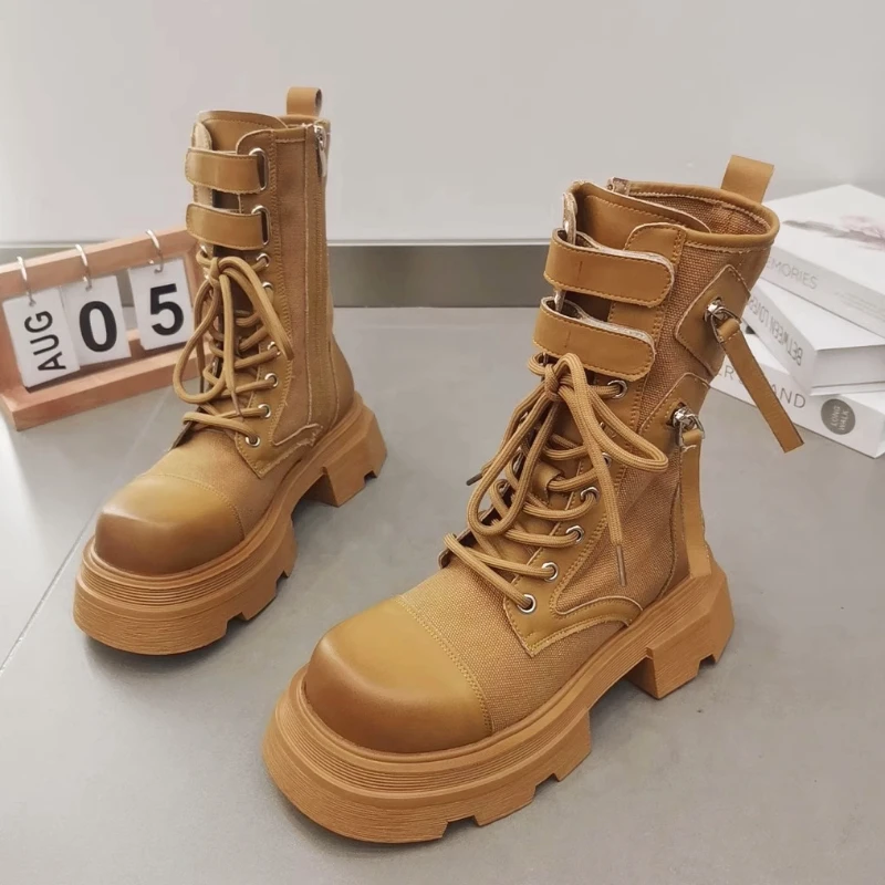 

Женские ботильоны на платформе со шнуровкой, модные рабочие ботинки на массивном каблуке в стиле ретро, новинка сезона осень-зима 2023, коричневые ковбойские рыцарские байкерские ботинки